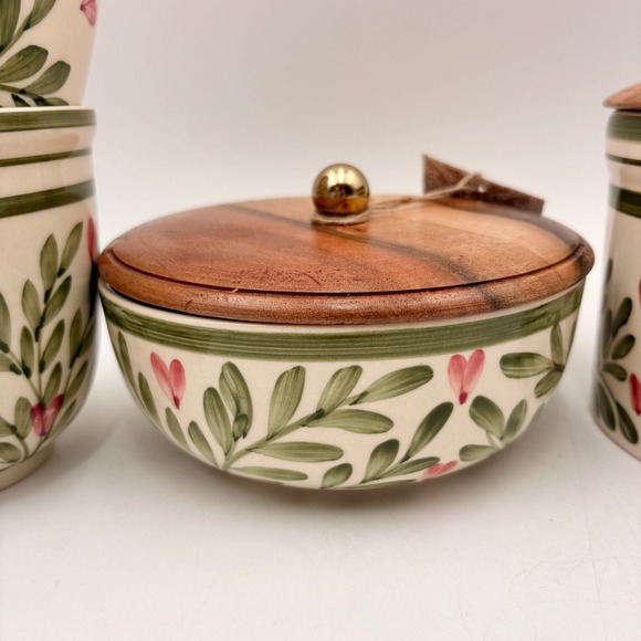 Made in India Hand Painted Ceramic Mug and Lidded Canister Set 4pc Floral Hearts